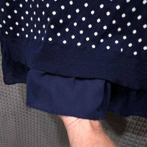 Navy Polka Dot Ruffle Sweater SzM 3/4 Sleeve Preppy Coastal Cottage Soft Stretch - Picture 7 of 13